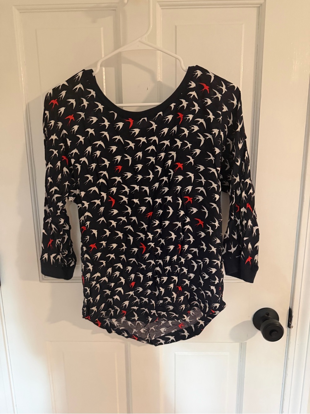 Maeve Navy Long Sleeve Top with White and Red Bird Print